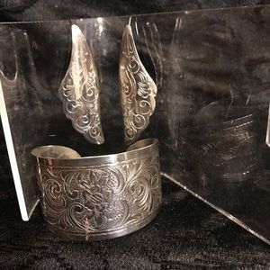 Vintage Fatto A Mano Silver Cuff Floral Design Bracelet/Earring 925 Silver